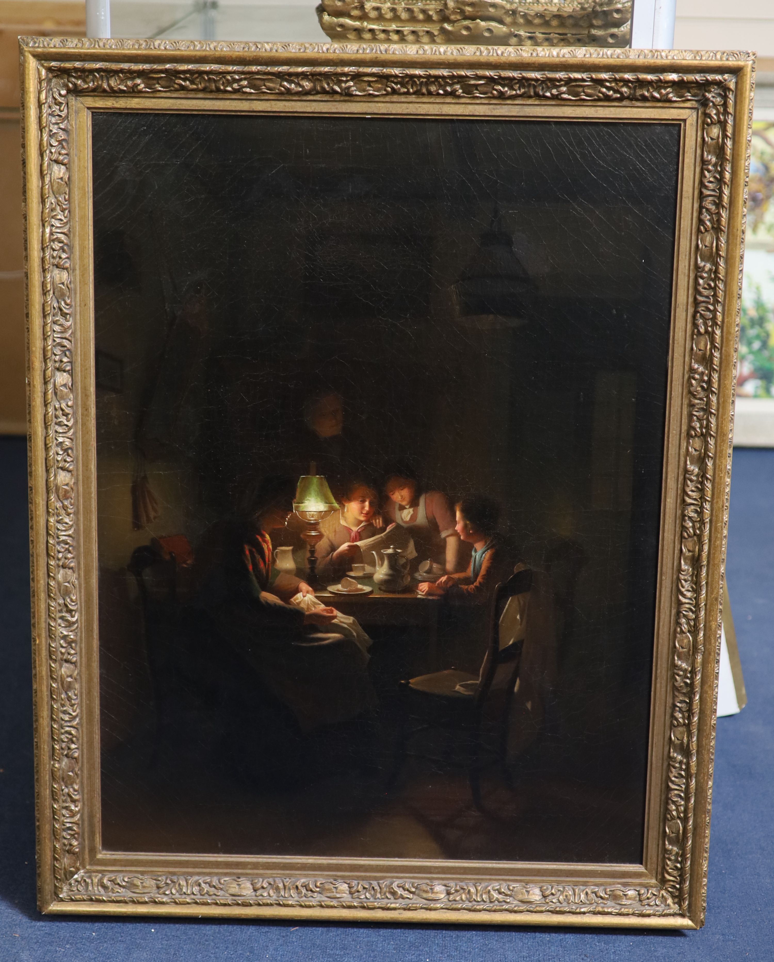 Johannes Rosierse (Dutch, 1818-1901), Figures around a table, under lamplight, Oil on canvas, 80 x 60 cm.